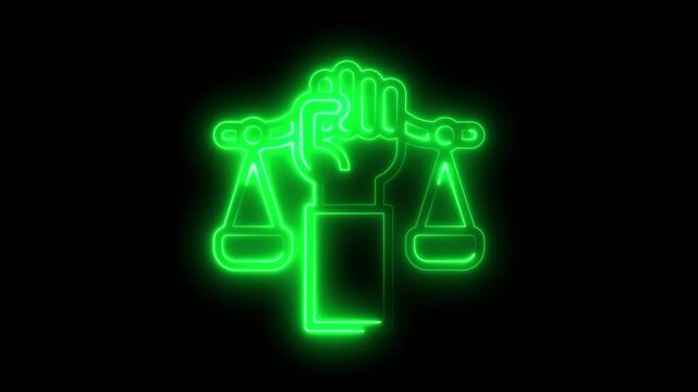 Neon green fist holding justice scales abstract legal concept symbol glowing on black background representing fairness equality