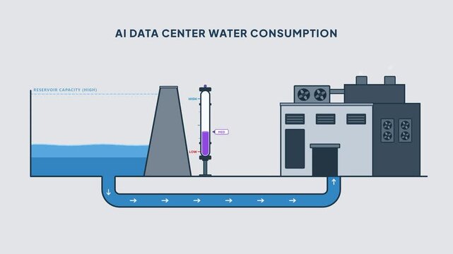 AI data center water crisis and consumption concept with cooling system draining reservoir flat vector animation 4K