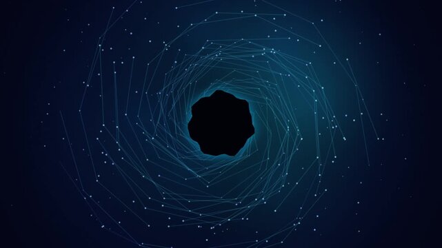 Blue wireframe spiral tunnel and particle vortex background loop