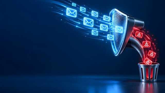 Cybersecurity metal shield blocking and filtering red spam emails into a trash bin