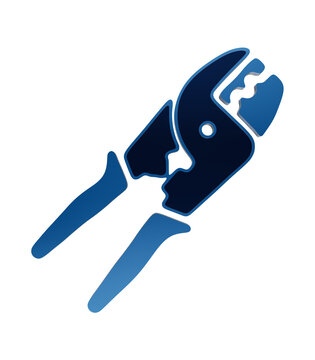 Blue glossy icon depicting a specialized wire crimping tool for electrical installation work crimper isolated on a transparent background