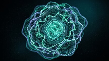 Fototapeta premium Irregular luminous loops form a layered circular shape with a bright winding center. Concept of immersive energy for entertainment and technology campaigns. Generative AI.