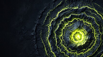 Fototapeta premium A bright central opening radiates through concentric fractured ridges outlined in lime light. Concept of immersive energy for entertainment and technology campaigns. Generative AI.