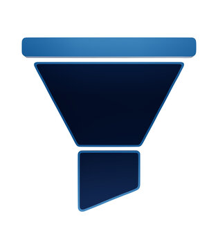 Blue glossy funnels data filtering funnel icon or sorting process sorting tool isolated on a transparent background