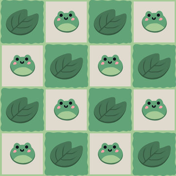 Hand drawn cute cartoon frog lily pads seamless pattern