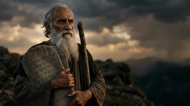 Moses Holding the Stone Tablets of the Ten Commandments on a Mountain, Dramatic Biblical Exodus Scene of Divine Law, Covenant, Faith, Obedience, Leadership, Revelation and Sacred Teaching
