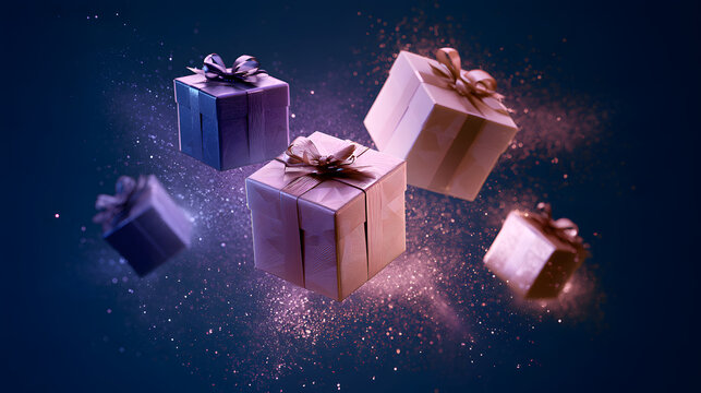 Creative product mockup of four sleek holiday present boxes floating gracefully amidst ethereal cosmic dust, clean geometric wrapping design, set of four isolated on a transparent background with cli