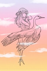 Fototapeta premium Whimsical Fantasy: Woman Riding a Crane in the Sky
