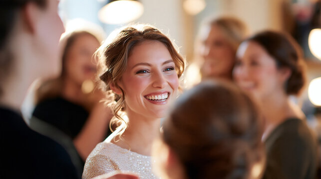 A bride smiling surrounded by her bridesmaids and makeup artist as they prepare together in a bright bridal suite filled with excitement, with copy space