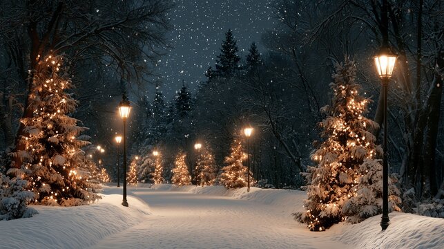 Winter night scene with decorated trees and street lamps in a snowy park