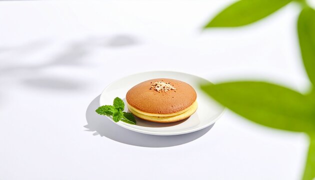 Traditional Japanese dorayaki red bean pancake served on a white plate with mint leaf decoration, minimalist healthy dessert snack in bright studio light
