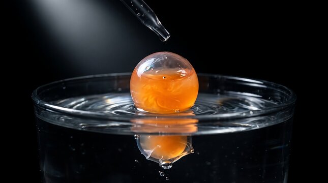 Molecular gastronomy spherification process orange sphere floating in glass of water with pipette