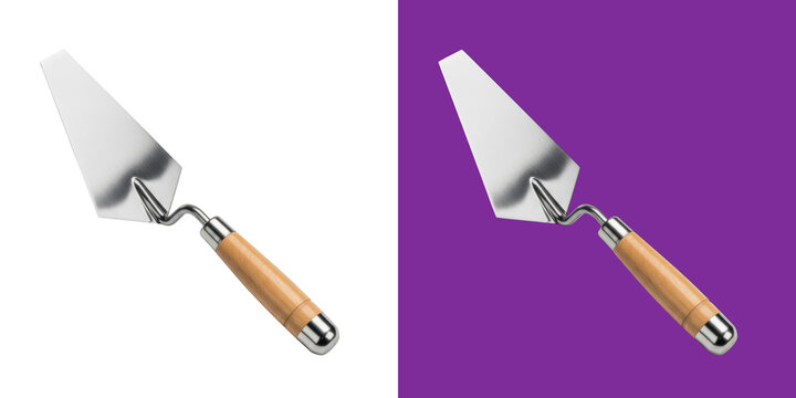 Metal brick trowel with wooden handle for masonry construction and renovation work