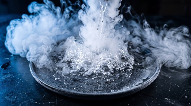 Close-up of a captivating chemical reaction, with white smoke billowing over a liquid in a dark basin, creating a dramatic and mysterious visual effect
