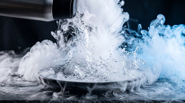 Liquid nitrogen pouring and splashing with cold white smoke and dramatic blue vapor