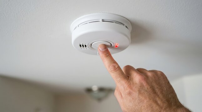 A close up view of a person pressing the test button on a white smoke detector mounted on a ceiling inside a home to check its battery function and ensure proper safety