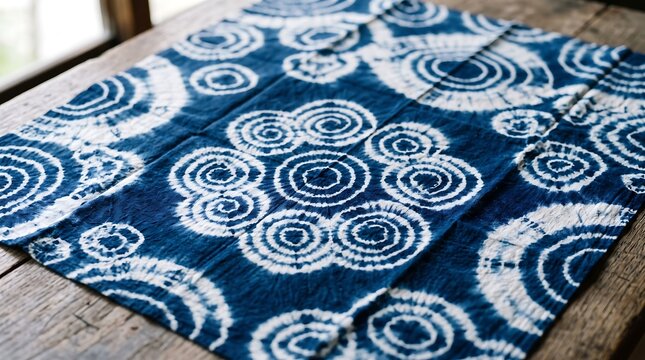 Beautiful Traditional Japanese Shibori Indigo Tie Dye Fabric with Intricate Blue and White Circular Pattern on a Rustic Wooden Background