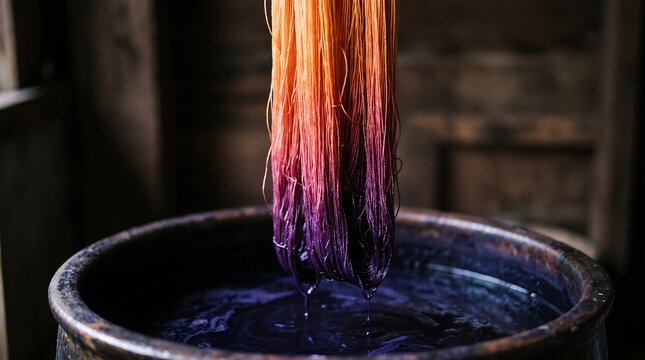 Handcrafted process of dyeing yarn in a gradient of orange and purple tones inside a traditional artisan workshop with a rustic vat