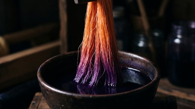 Traditional Textile Dyeing Process with Orange Thread Being Dipped into Deep Purple Dye Bath