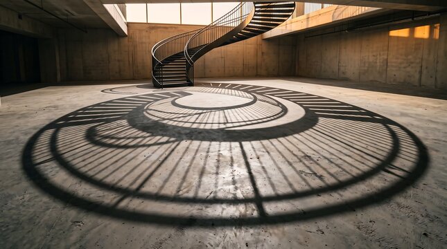 A captivating spiral staircase casts intricate circular shadows on a concrete floor, creating a mesmerizing visual effect in an open space