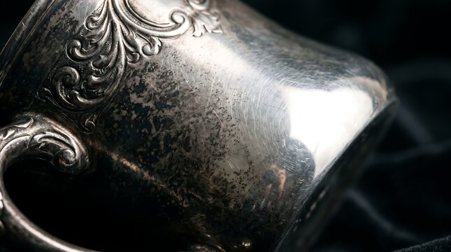 Vintage tarnished silver cup with ornate floral engraving resting on dark velvet background