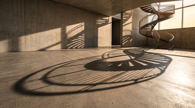 Modern minimalist interior with spiral staircase casting dramatic shadows on concrete floor during golden hour
