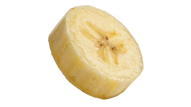 Single peeled cross cut slice of fresh yellow banana isolated on transparent background