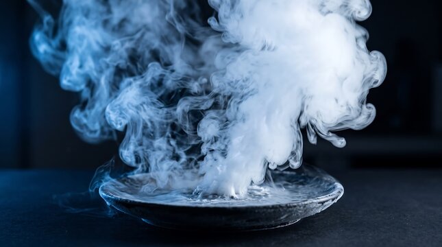Dramatic White Smoke and Ethereal Vapor Swirling Above a Dark Plate on a Deep Blue Background