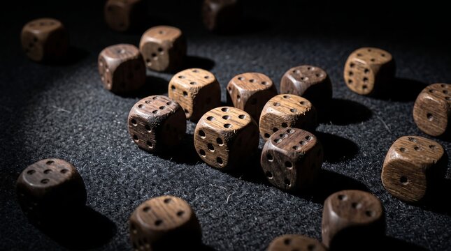Vintage wooden dice scattered on a dark textured tabletop background with dramatic spotlighting for gaming and chance concepts