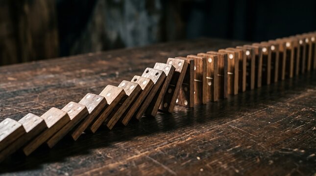 Wooden Dominoes Falling in a Row Creating a Chain Reaction on a Rustic Wooden Table