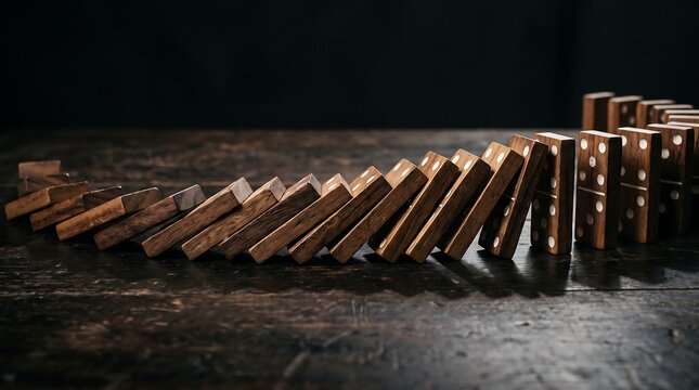 A powerful sequence of wooden dominoes collapsing in a chain reaction, visually representing the profound impact of interconnected events and critical decisions