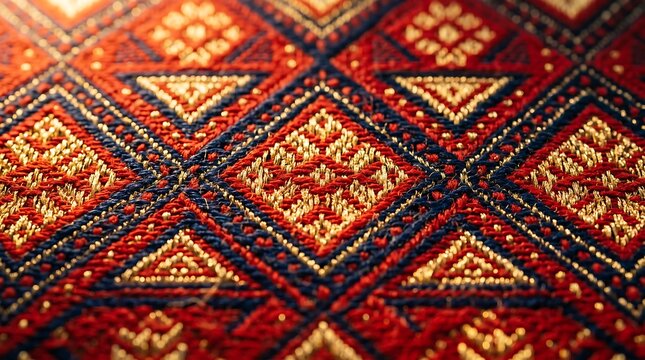 Detailed close-up of a traditional woven rug with intricate geometric diamond patterns in red, blue, and gold colors
