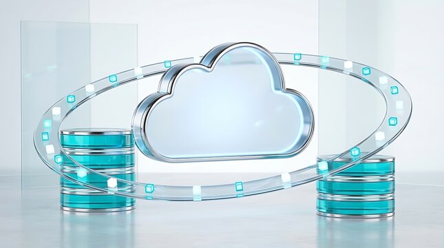 Futuristic cloud database setup with dual cyan server racks and rotating data stream ring symbolizes corporate mainframe security and information management.