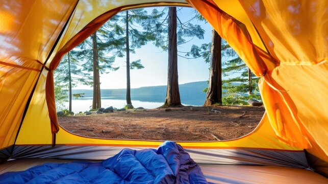 Serene View of Calm Lake Through Open Tent in Pine Forest at Dawn with Sunlight Streaming Through Trees