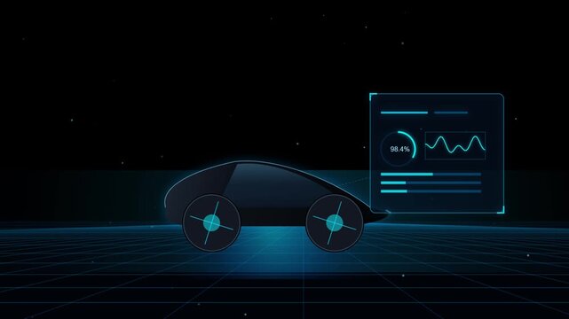 Futuristic electric car driving with holographic data display in dark studio lighting