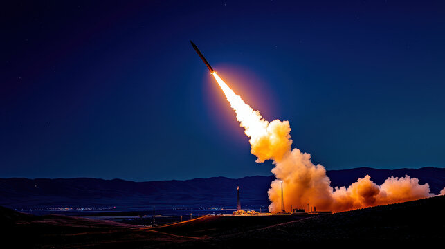 Powerful missile launch at night, showcasing bright flame and smoke against dark sky, highlighting technology and defense capabilities