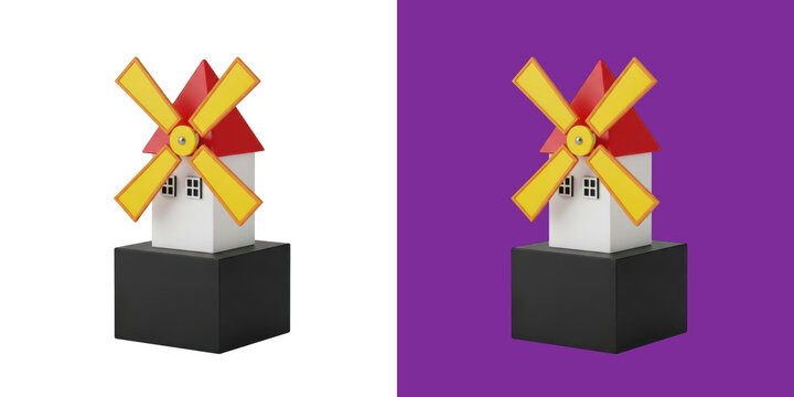 Small toy windmill with yellow blades and red roof 3d render icon