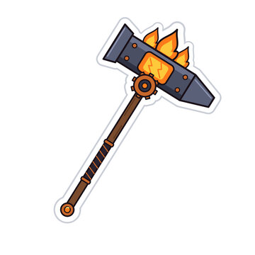 Fantasy Hephaestus forge war hammer weapon with molten core and gear, flat vector illustration, die-cut sticker on transparent background