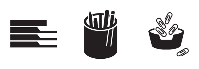 Fototapeta premium Office Supplies Icons: Stacked Papers, Pencil Holder, Paperclip Dispenser, Business Organization, Stationery Graphics