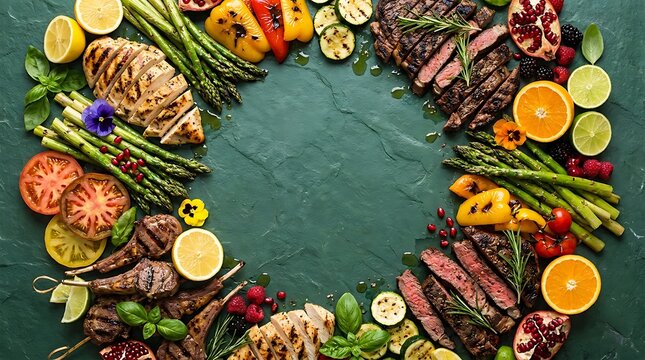 Grilled meat and fresh vegetables arranged in a circle frame on a dark green background for a healthy food concept