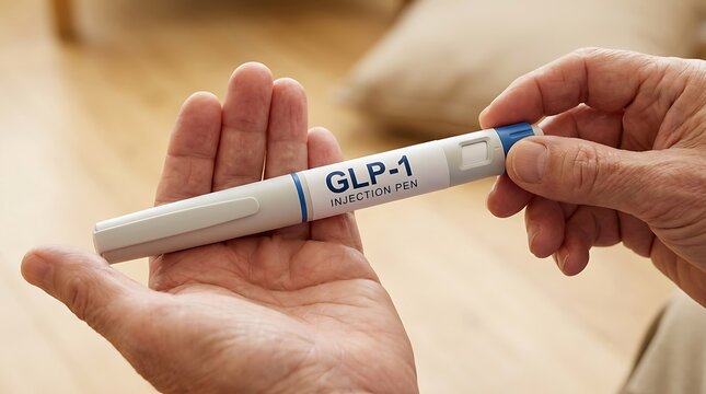Elderly man palms displaying GLP 1 injection pen used for chronic diabetes management and obesity control therapy in a bright indoor home setting.