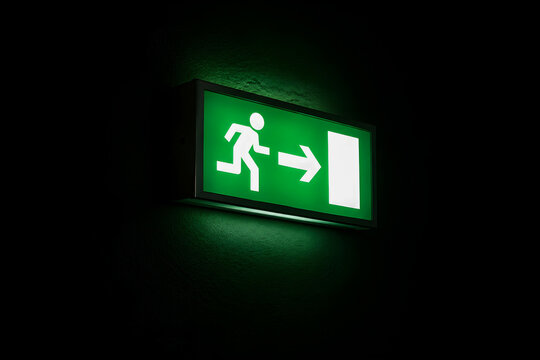 Illuminated green emergency exit sign glowing brightly in complete darkness on a textured dark wall showing a running figure symbol and pointing arrow for safe evacuation procedures indoors