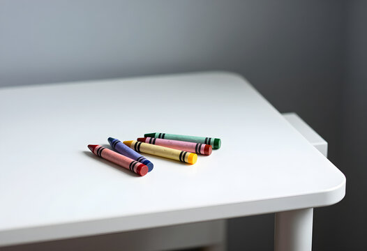 A child s desk with crayons scattered and one broken