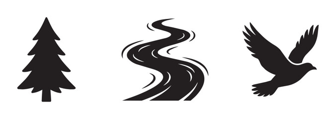 Nature Icons: Evergreen Tree, Winding River, Soaring Bird Silhouette Set. Minimalist Black and White Vector Graphics for Outdoor Themes. © Rofiqe