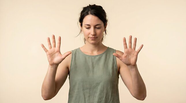 Woman holding up hands to show ten fingers while looking down thoughtfully against a plain background, suggesting counting or a gesture of openness.