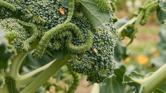 Close-up of a healthy, vibrant broccoli head with intricate florets growing in a sunlit garden