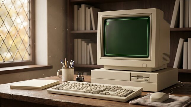 Retro beige desktop computer from eighties with green terminal screen display and keyboard sits on rustic wooden desk in cozy study library near window.