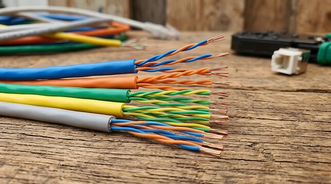 Colorful electrical cables with exposed copper wires lying on a rustic wooden table in a workshop setting