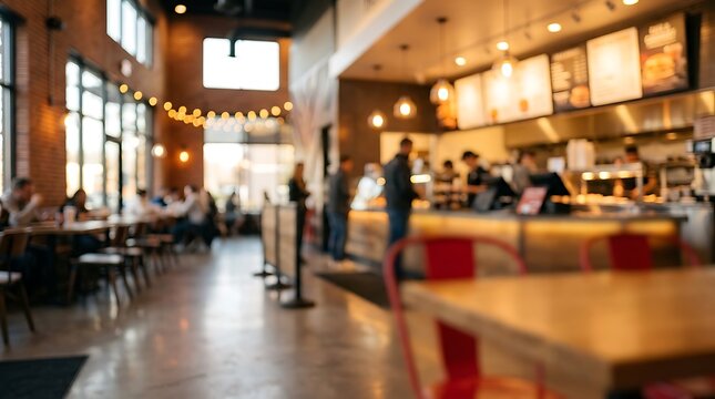 Modern coffee shop interior with warm lighting and blurred customers standing at the counter in a busy city cafe