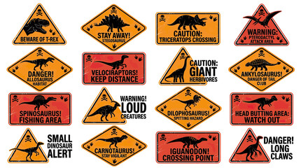Set of Dinosaur Warning Signs on Transparent Background © adung